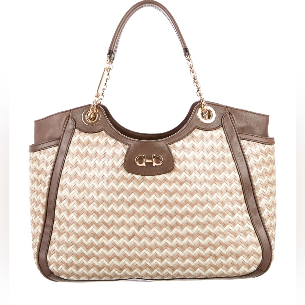 Salvatore Ferragamo Woven Leather Handbag 
Tabac / Tan/ Light Grey Color